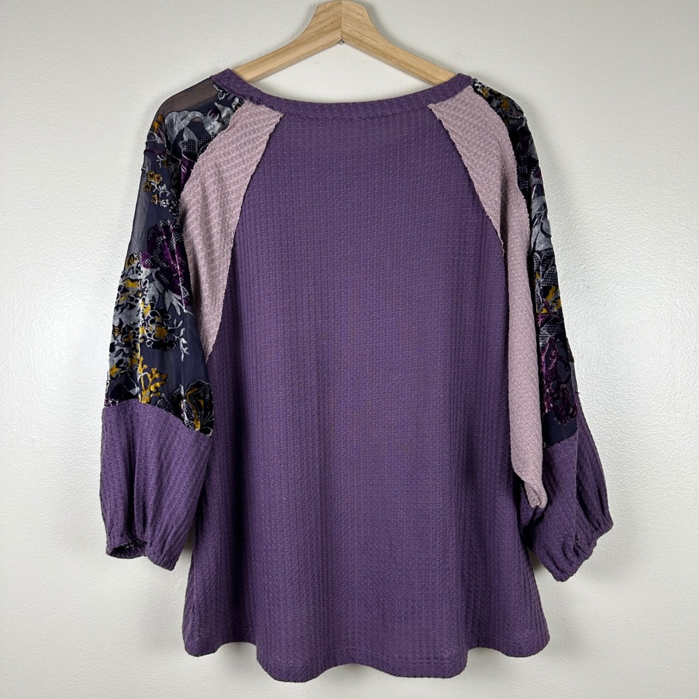 Kori Women's M‎ Waffle Knit Top Purple Floral Mixed Media Boho